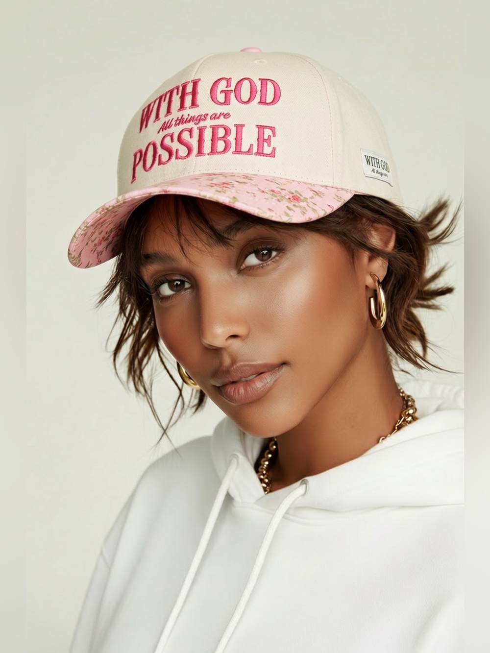 NWT Women’s Trucker Hat Cream and Floral Embroidery With God All Things Possible